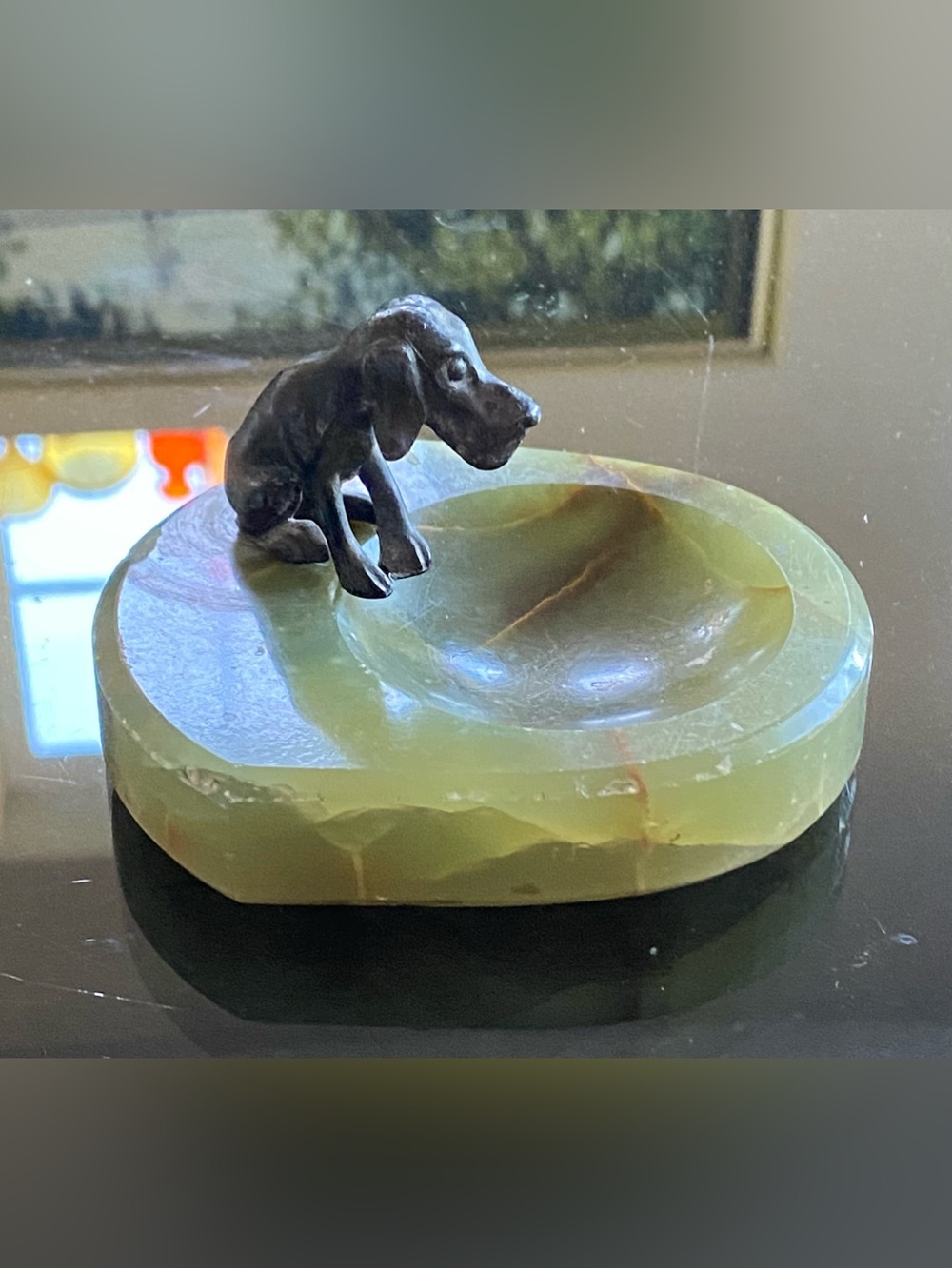 Antique Bronze Hound Dog Figurine Sculpture On Green Onyx Pin Tray Ashtray Dish